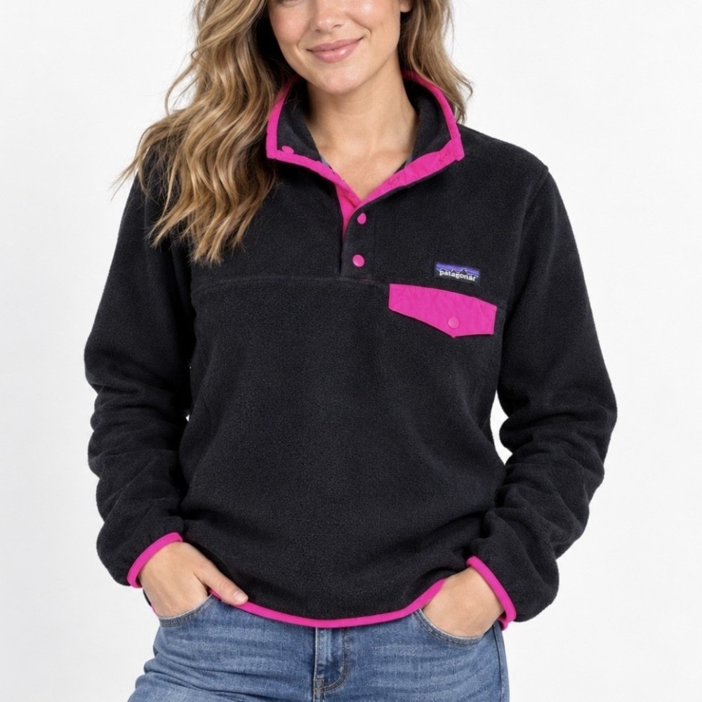 Patagonia Pink Black Lightweight Synchilla Snap-T Fleece Pullover MEDIUM